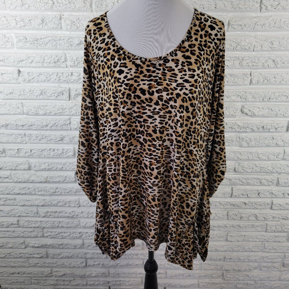 Isabella Rodriguez 2X Smock Tunic‎ Animal Print Tan Black Long Roll Tab ANI43E